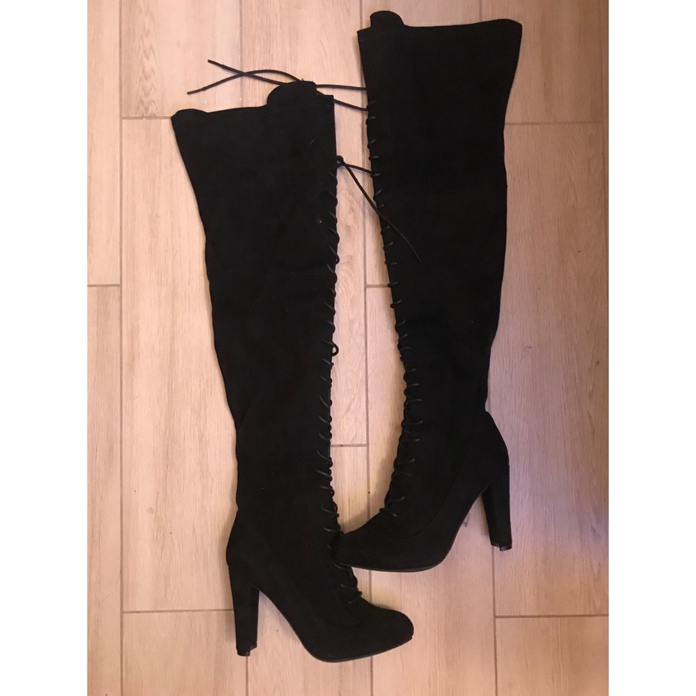 Black lace up over the knee Fashion Nova boots